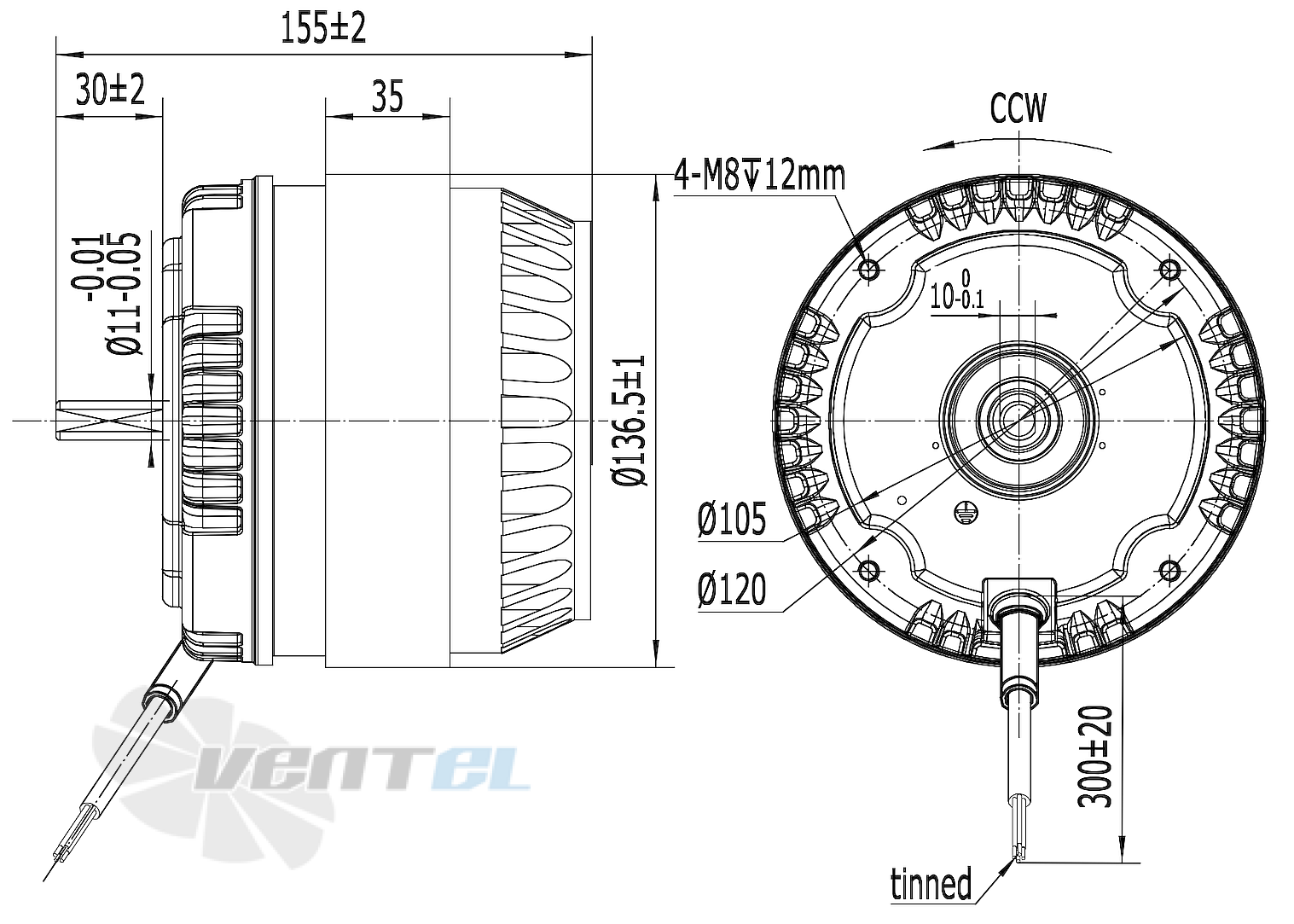 Схема и габаритные размеры Weiguang YWF4E-137/35B