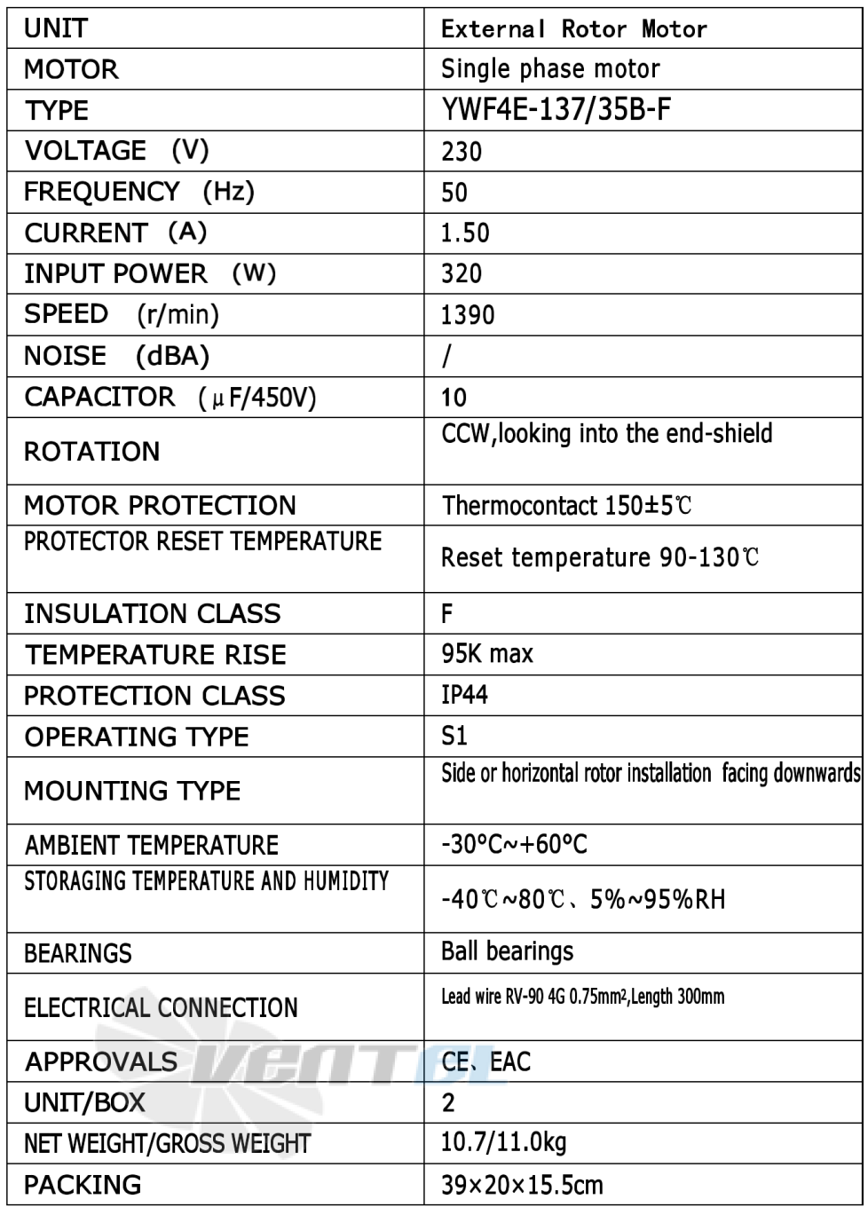 Рабочие параметры Weiguang YWF4E-137/35B-F
