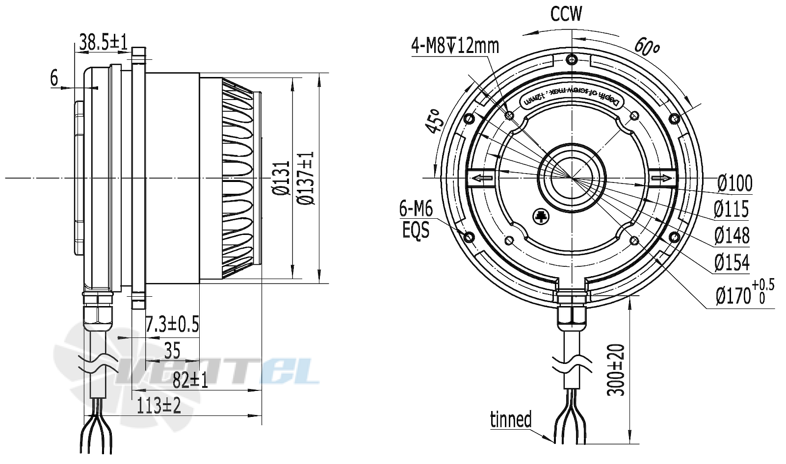 Схема и габаритные размеры Weiguang YWF4E-137/35B-F