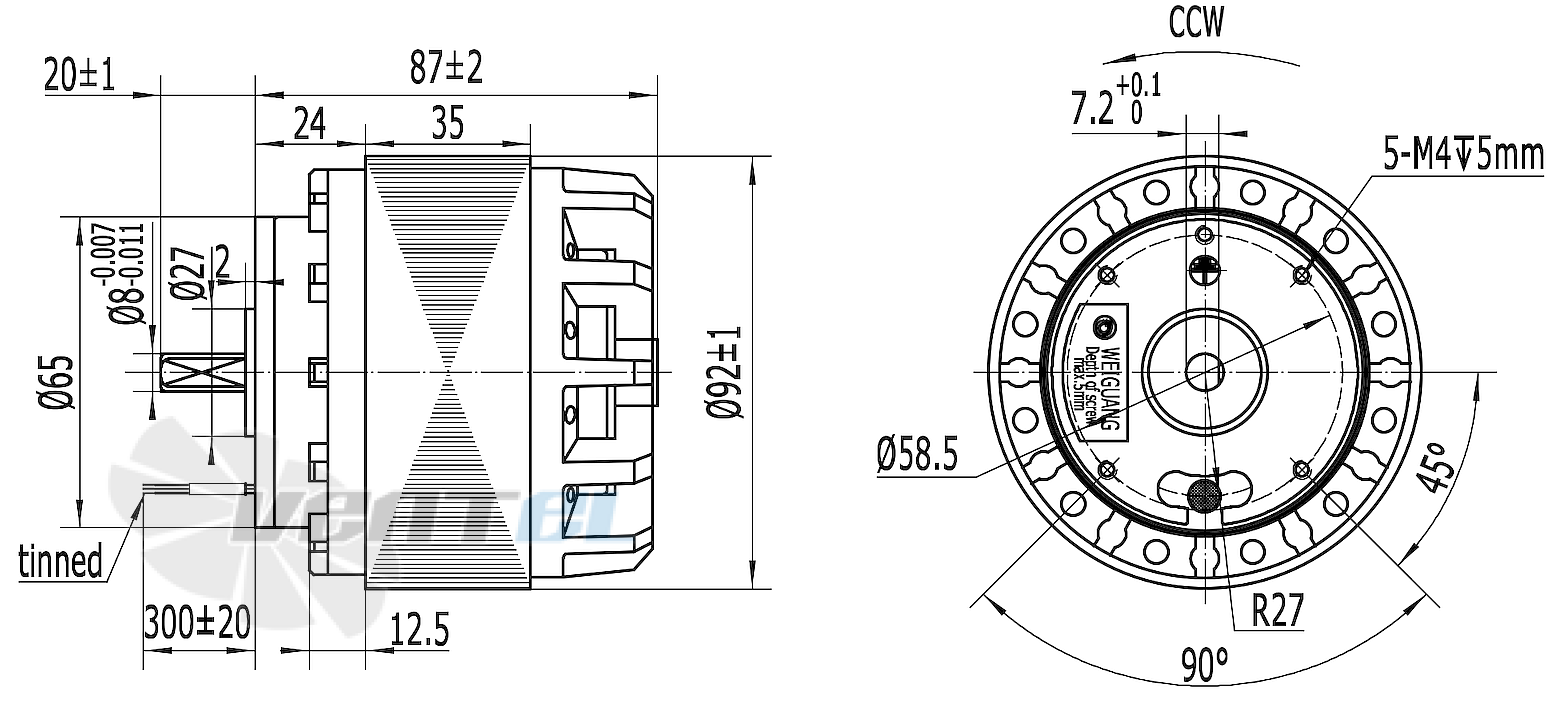 Схема и габаритные размеры Weiguang YWF4E-92/35B-K