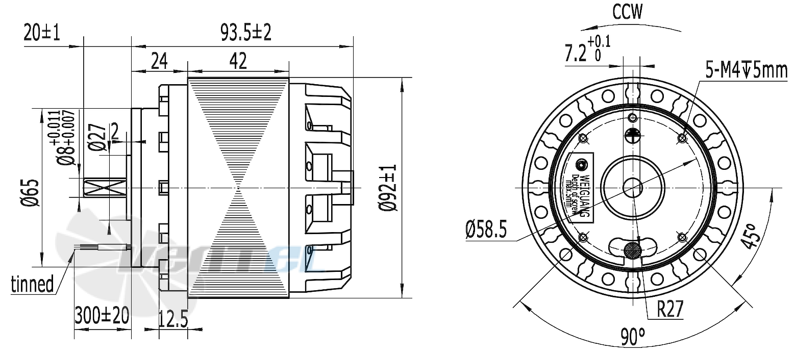 Схема и габаритные размеры YWF4E-92/42B-K