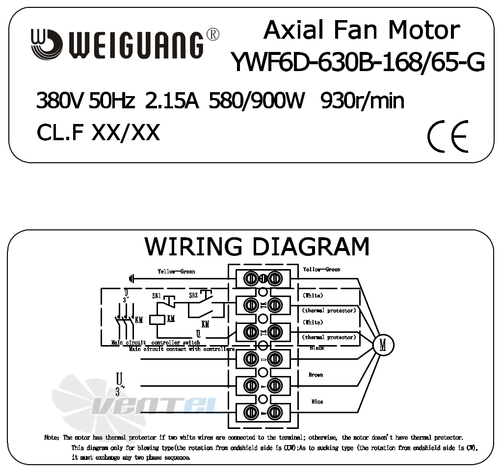 Шильдик и схема электрического присоединения Weiguang YWF6D-630B-168/65-G