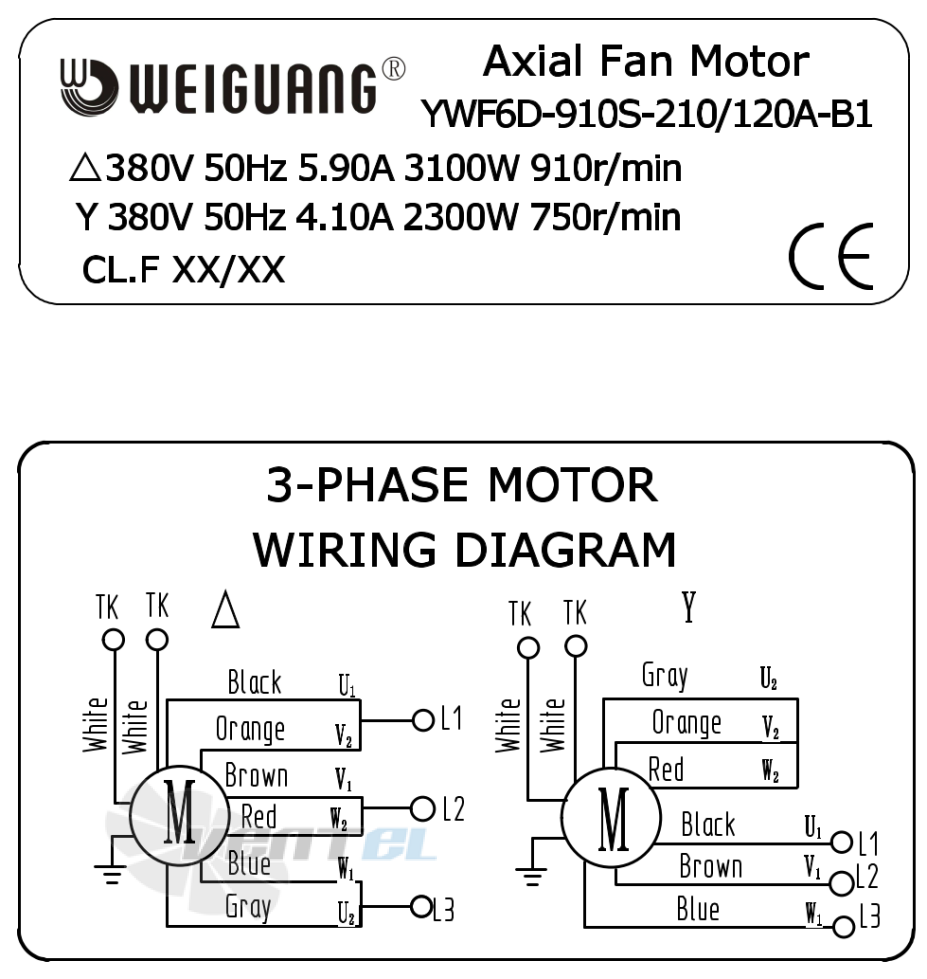 Шильдик и схема электрического присоединения Weiguang YWF6D-910S-210/120A-B1 Шильдик и схема электрического присоединения Weiguang YWF6D-910S-210/120A-B1