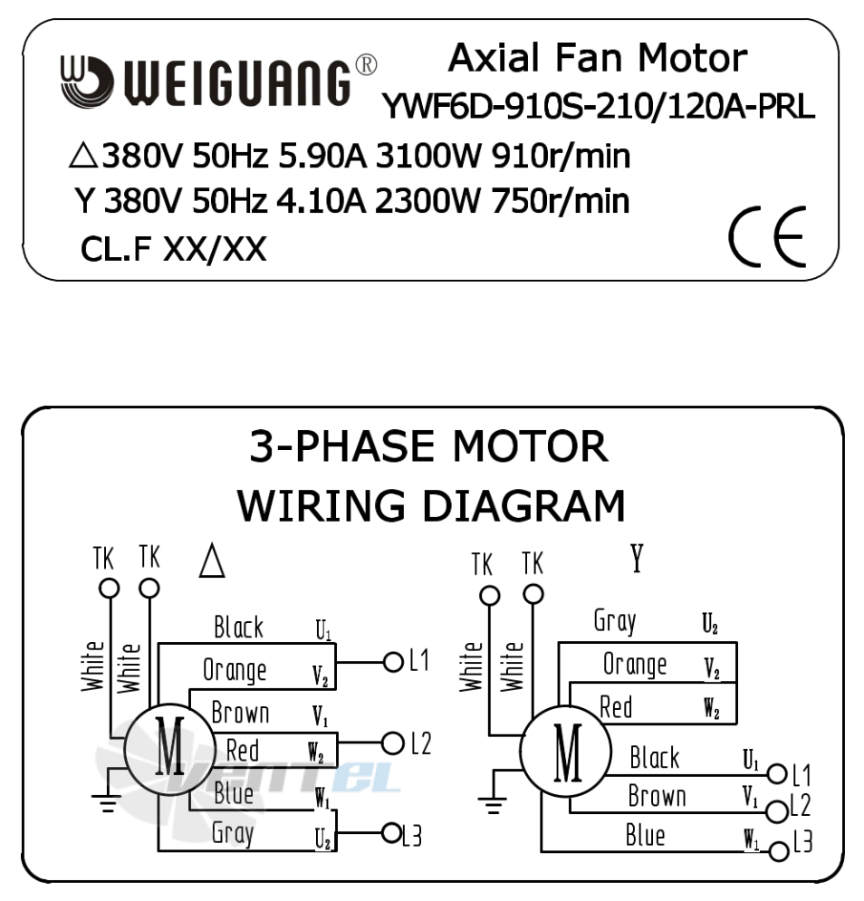Шильдик и схема электрического присоединения Weiguang YWF6D-910-S-210/120A-PRL Шильдик и схема электрического присоединения Weiguang YWF6D-910-S-210/120A-PRL