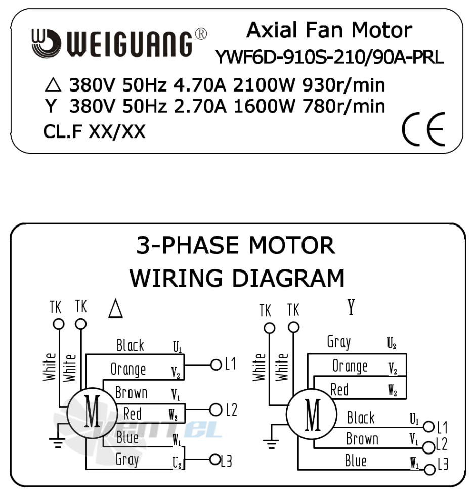 Шильдик и схема электрического присоединения Weiguang YWF6D-910-S-210/90A-PRL Шильдик и схема электрического присоединения Weiguang YWF6D-910-S-210/90A-PRL