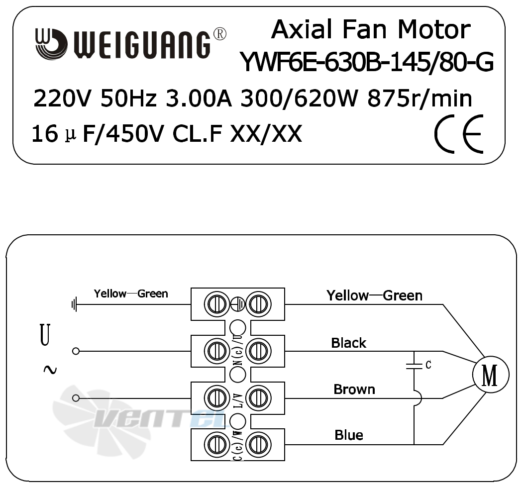 Шильдик и схема электрического присоединения Weiguang YWF6E-630-B-145/80-G
