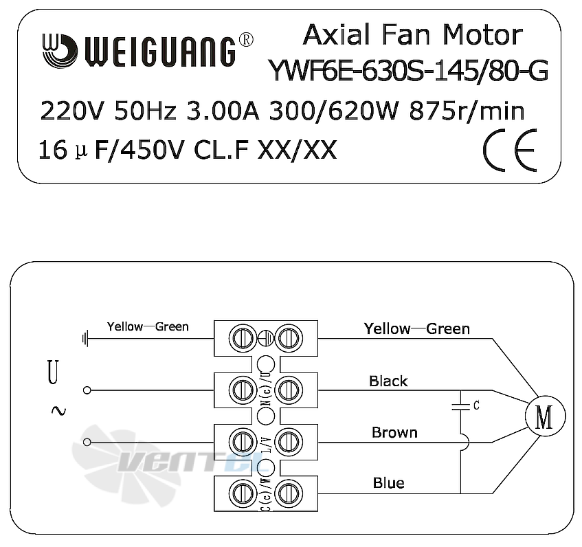 Шильдик и схема электрического присоединения Weiguang YWF6E-630S-145/80-G