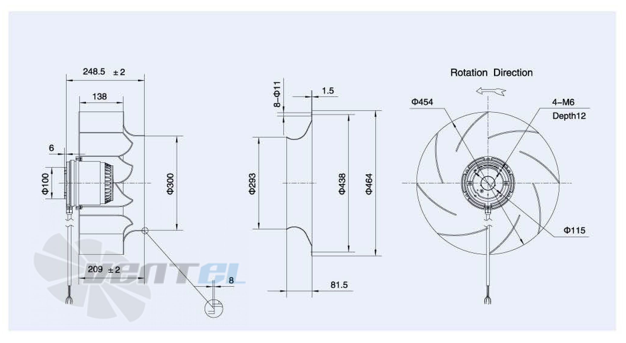 Габаритные размеры Weiguang LXFB4D450-138-M137-70 0.65 кВт с обратно загнутыми лопатками AC