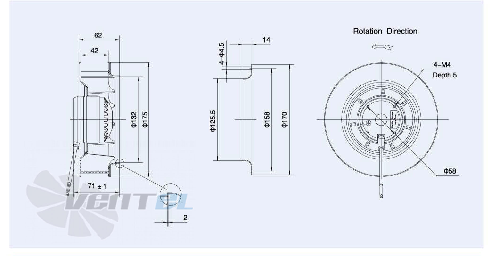 Габаритные размеры Weiguang LXFB2E175-42-P72-20 0.034 кВт с обратно загнутыми лопатками AC