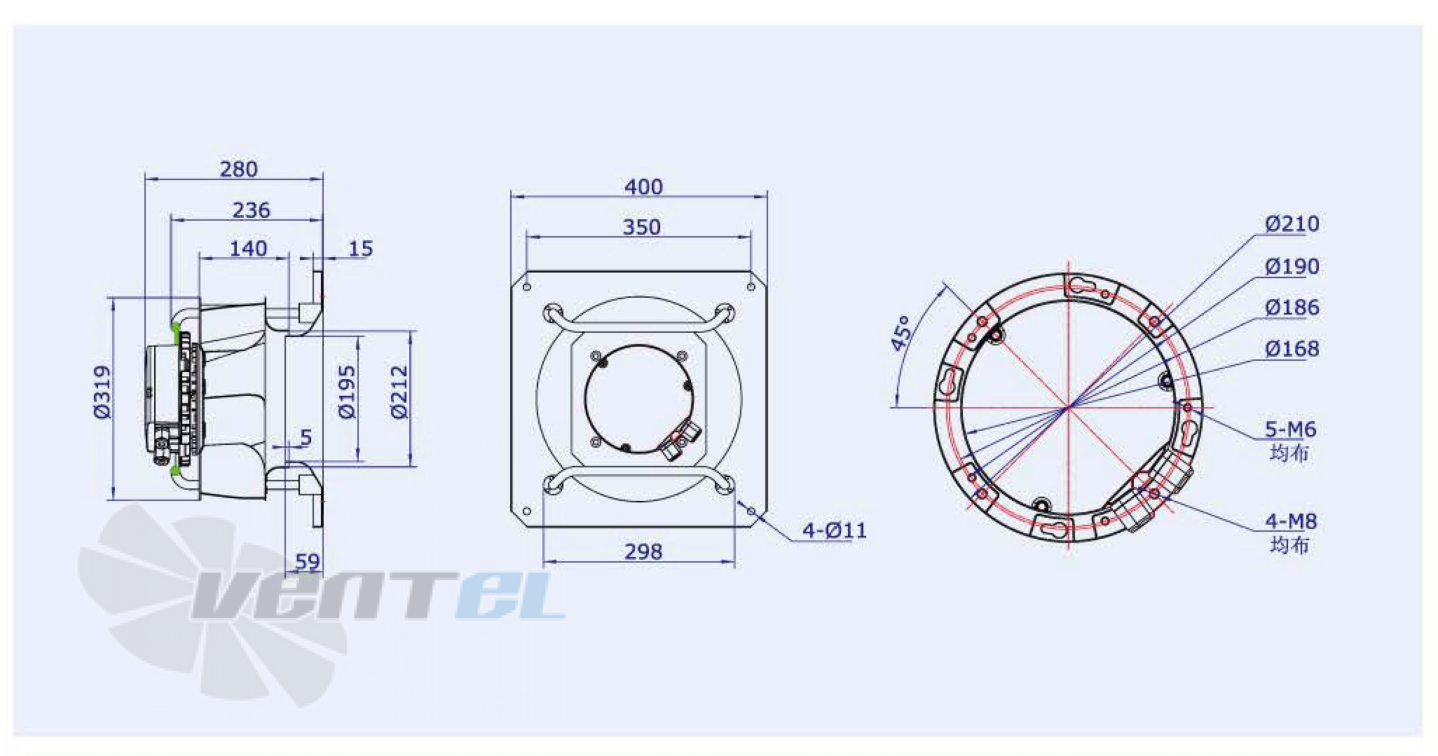 Габаритные размеры Weiguang EC137-40D3G01-B315-98A1-01 0.9 кВт с обратно загнутыми лопатками EC