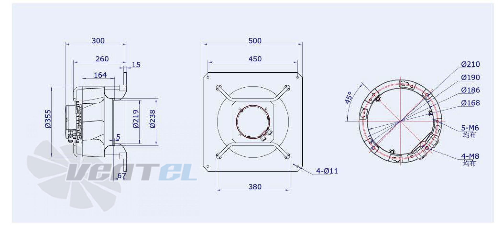 Габаритные размеры Weiguang EC137-40F3G01-B355-110A1 0.74 кВт с обратно загнутыми лопатками EC