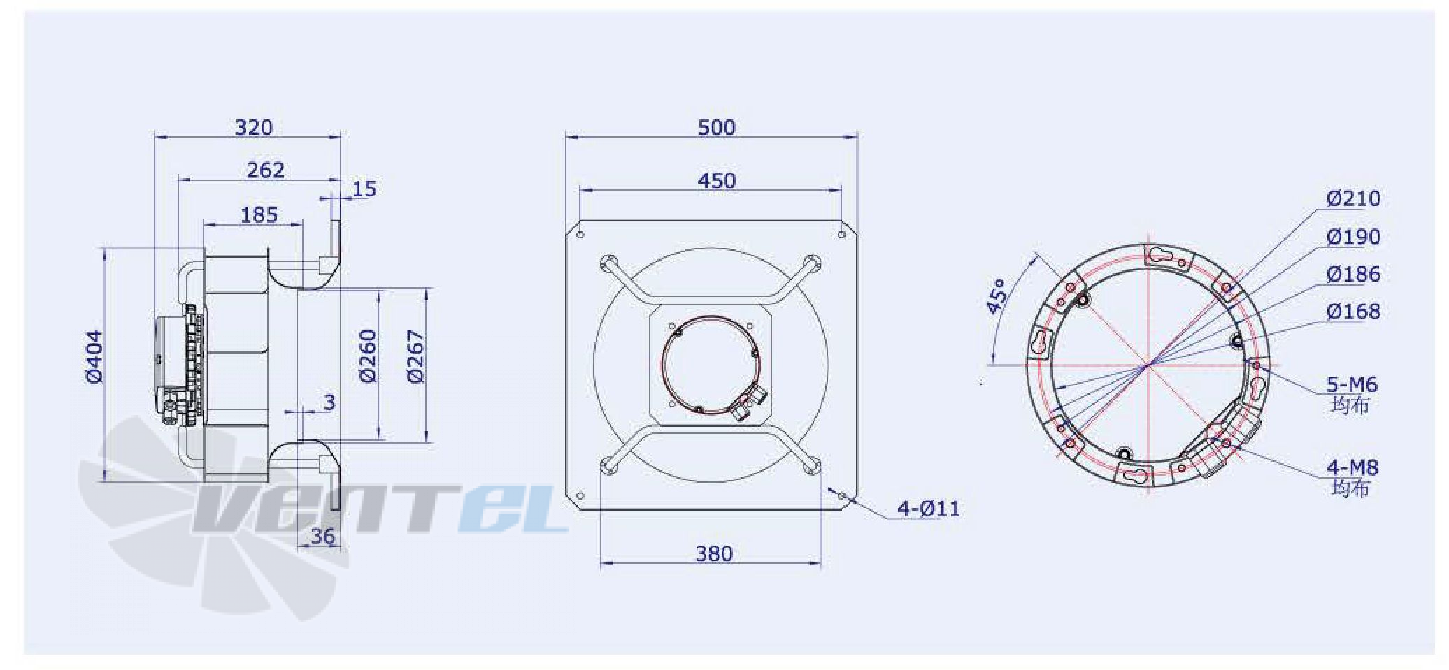 Габаритные размеры Weiguang EC137-40D3G01-B400-108A1 1.0 кВт с обратно загнутыми лопатками EC