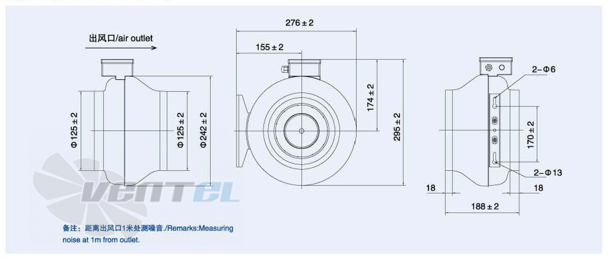Габаритные размеры Weiguang EC072-25E1G01-B190-44P1-G125 0.065 кВт канальный