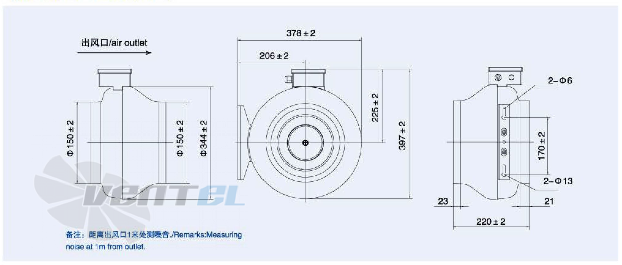 Габаритные размеры Weiguang EC072-25E1G01-B220-44P1-G150 0.07 кВт канальный