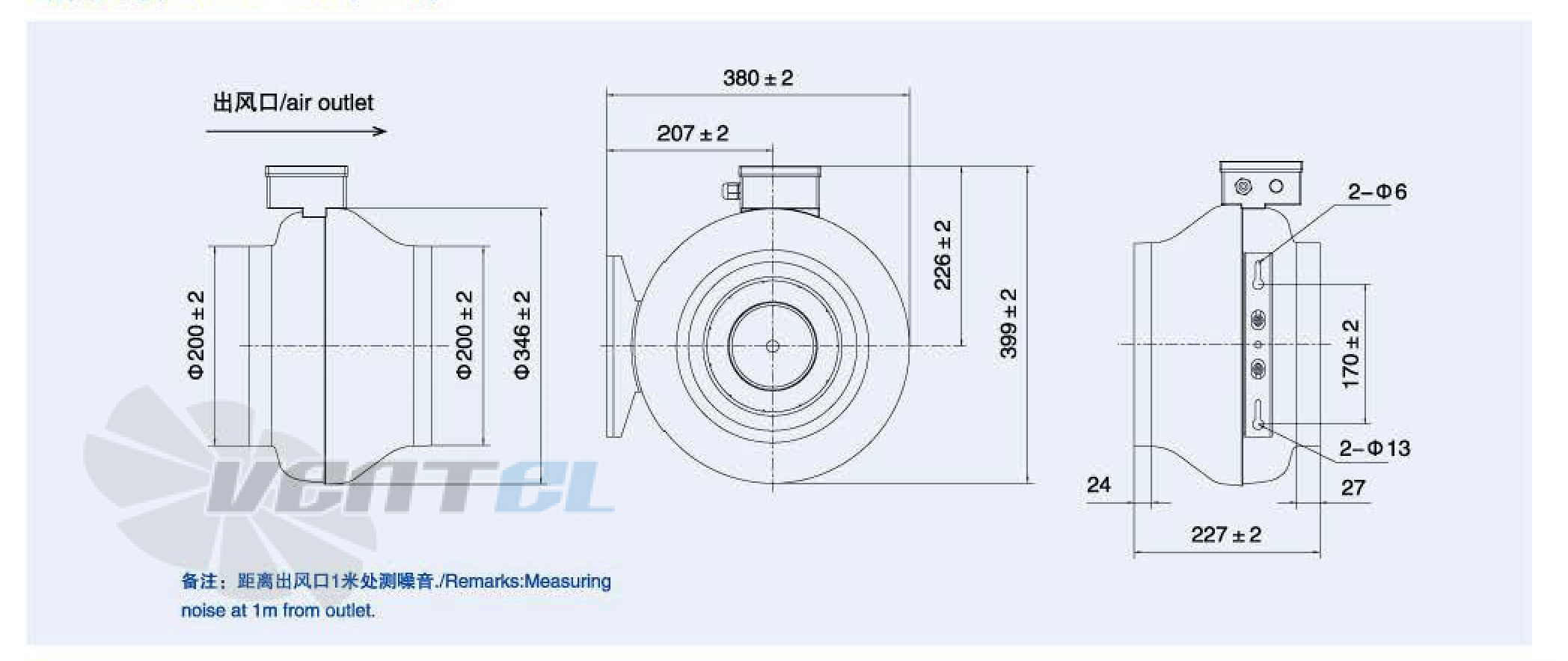 Габаритные размеры Weiguang EC092-25E1G01-B250-48S1-G200 0.14 кВт канальный