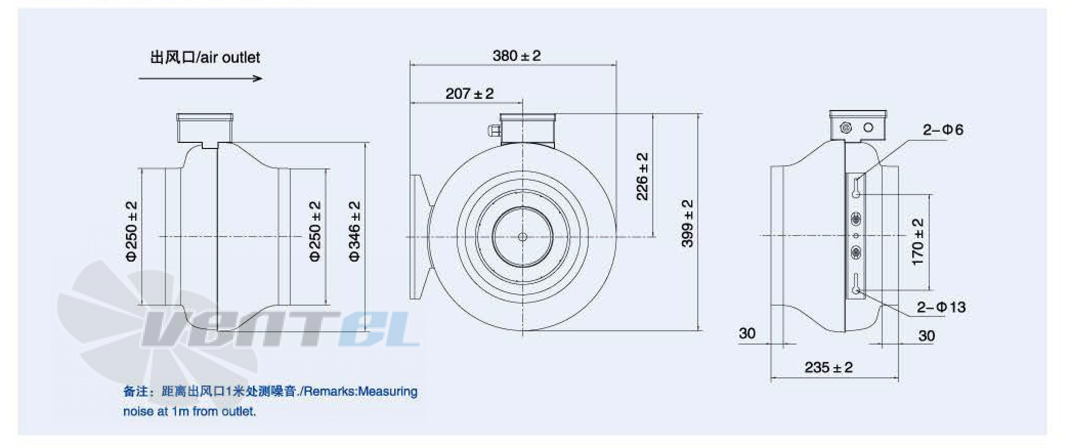 Габаритные размеры Weiguang EC092-25E1G01-B250-48S1-G250 0.152 кВт канальный