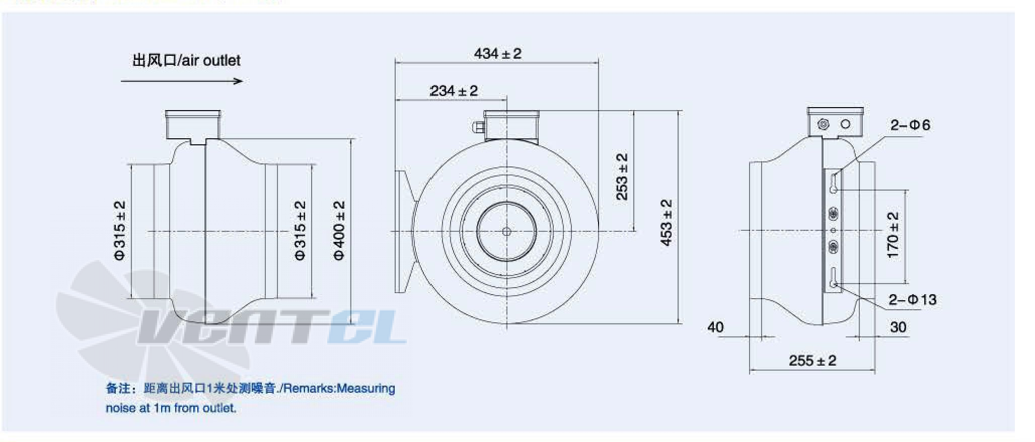 Габаритные размеры Weiguang EC092-35E1G01-B280-50S1-G315 0.18 кВт канальный