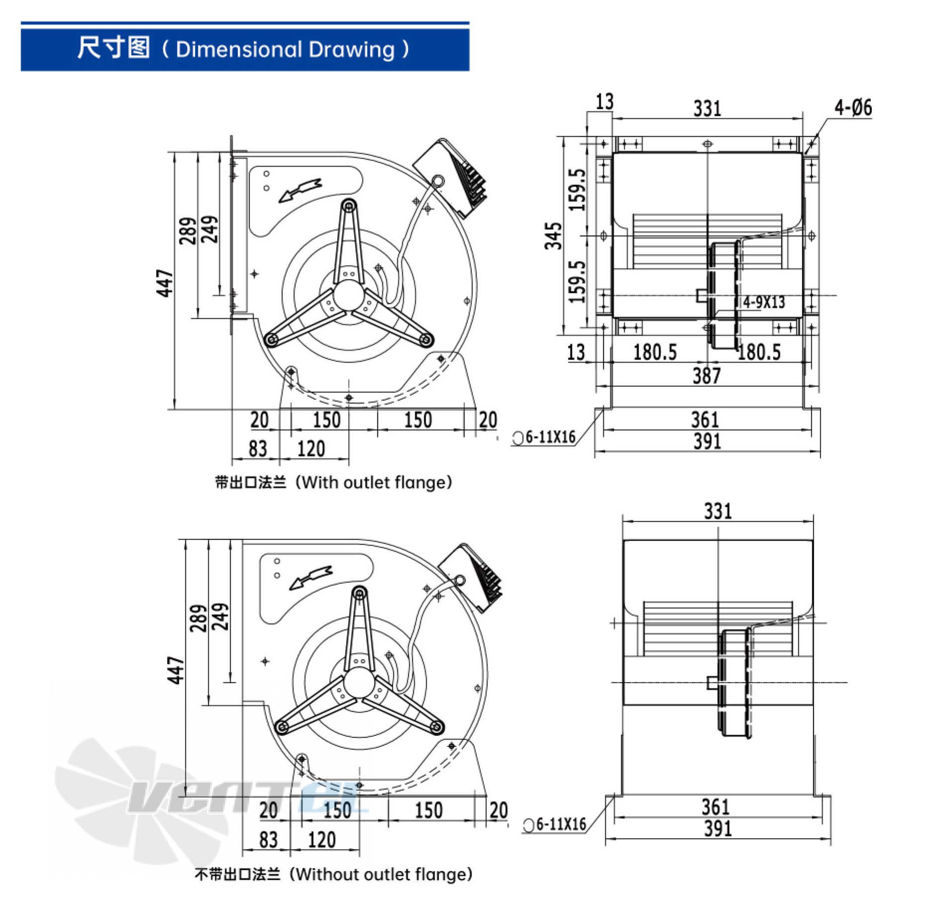 Габаритные размеры Weiguang EC183-18E3G01-FD10-10S1 0.684 кВт