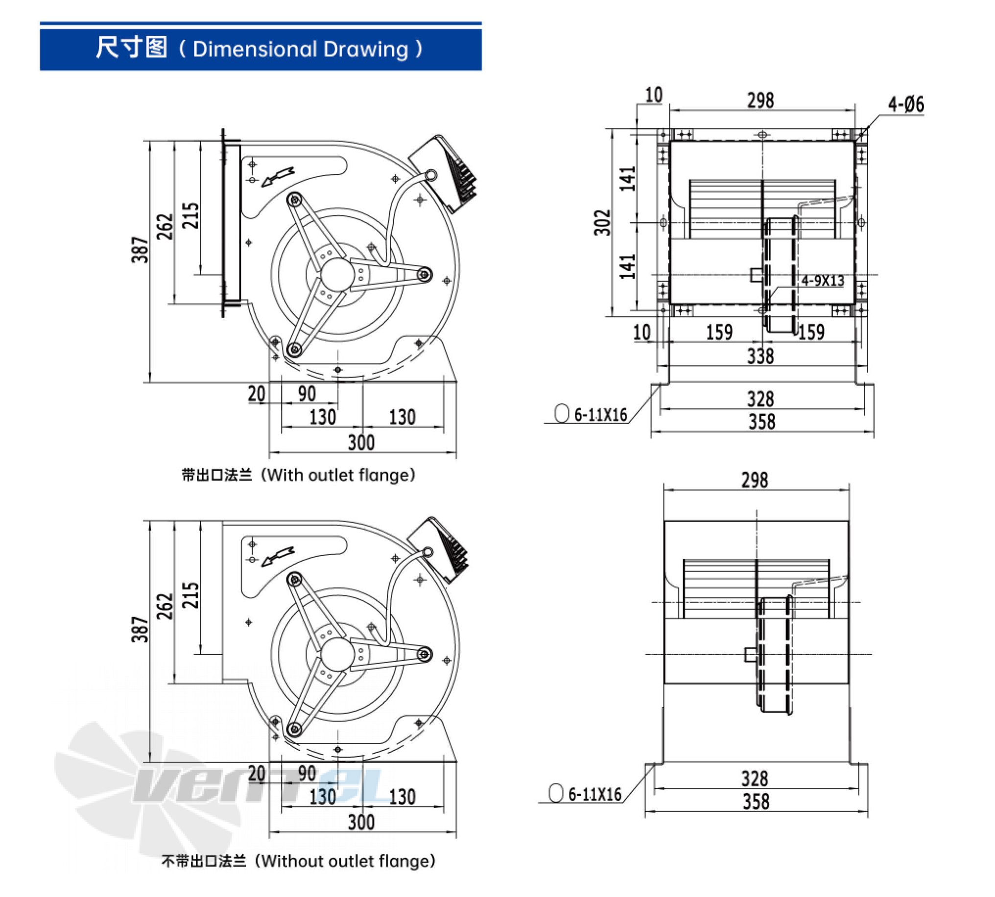 Габаритные размеры Weiguang EC183-18E3G01-FD9-9S1 0.715 кВт
