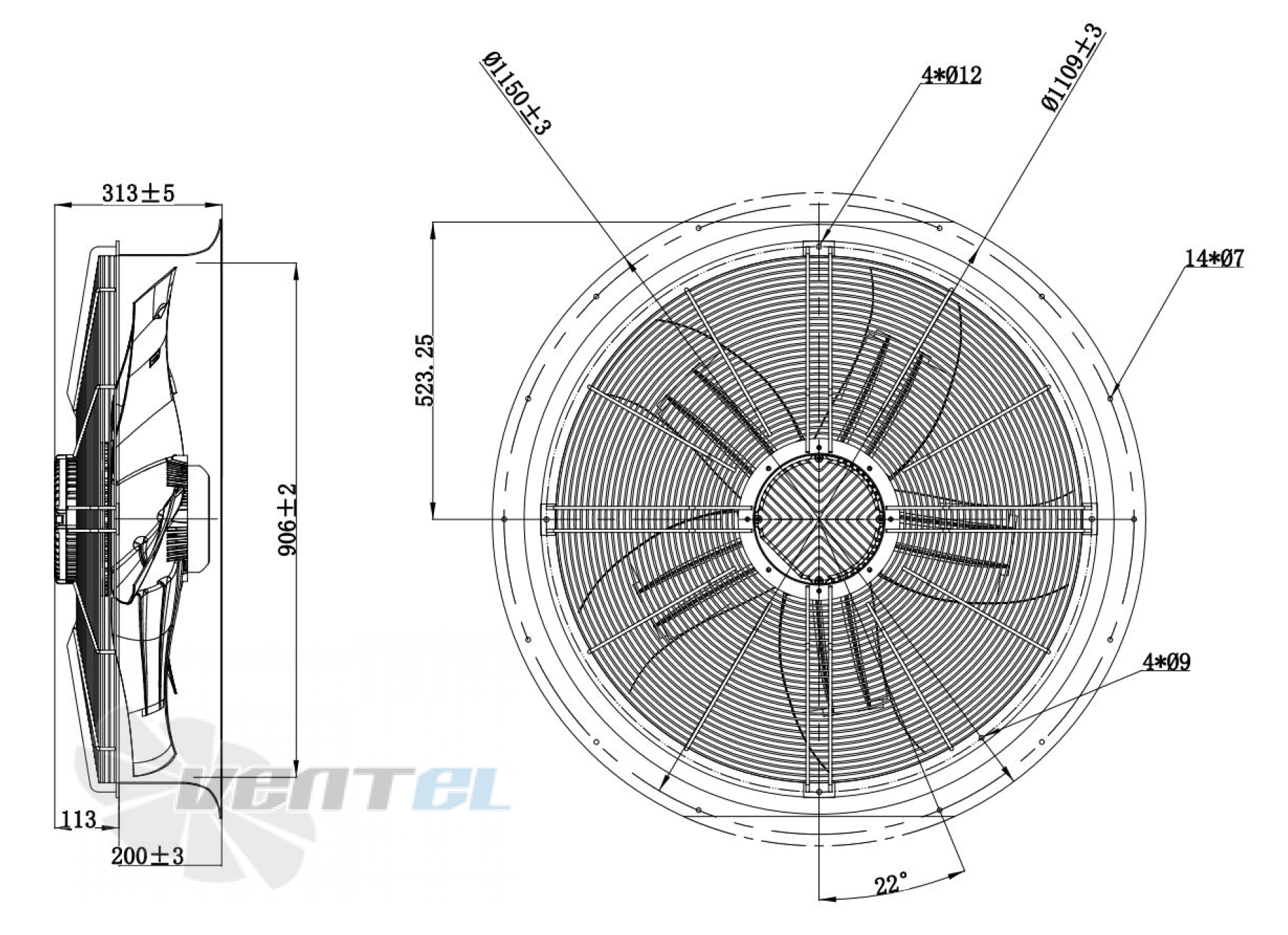 Габаритные размеры Weiguang EC180-120D3G01-AS910-75P1-01-B1