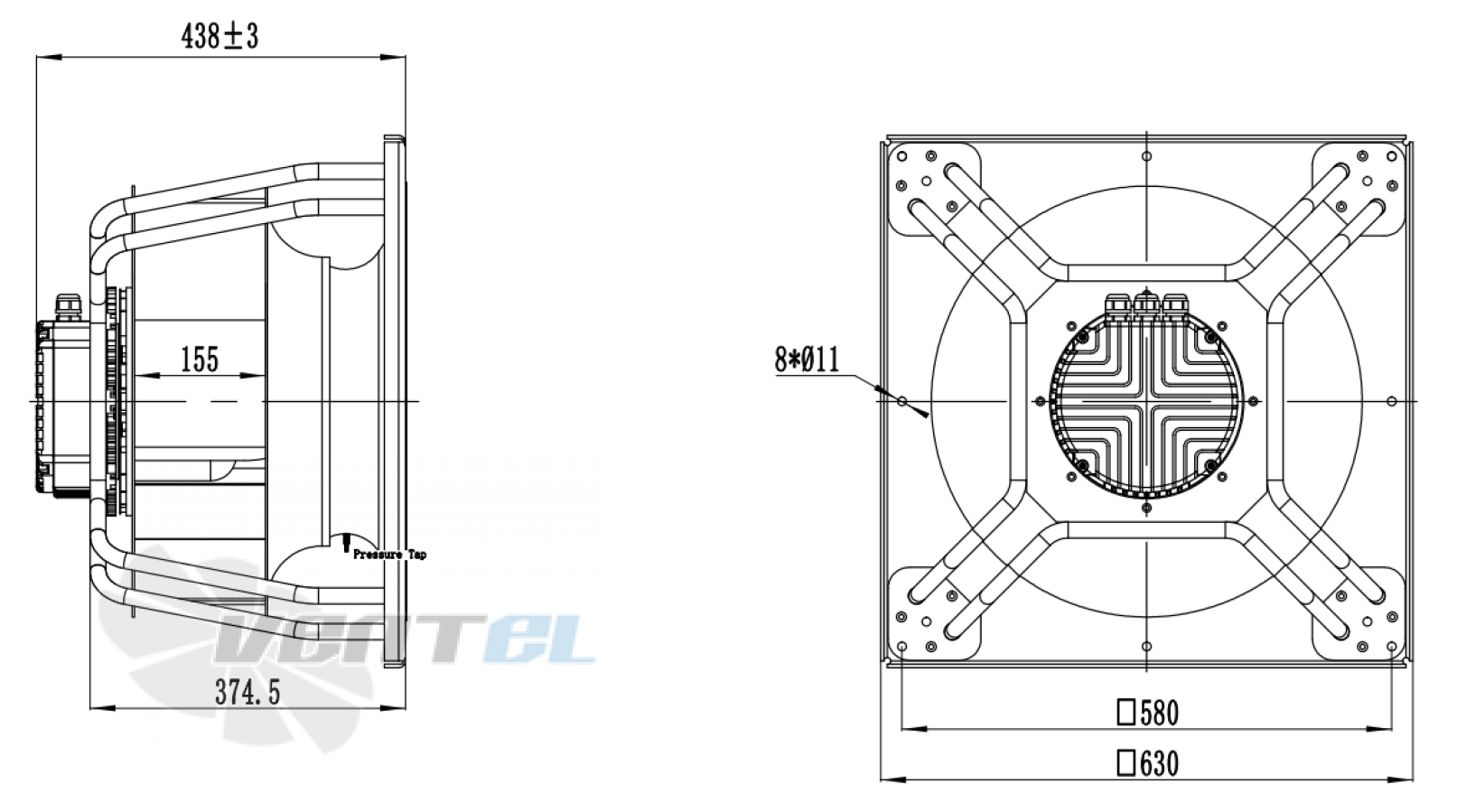 Присоединительные размеры Weiguang EC180-85D3G01-B500-155A1-02-Z