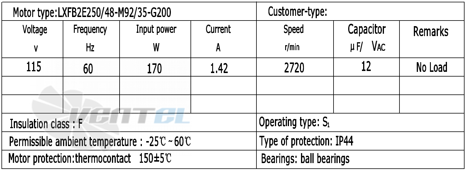 Параметры работы Weiguang LXFB2E250-48-M92-35-G200 115V 60Hz