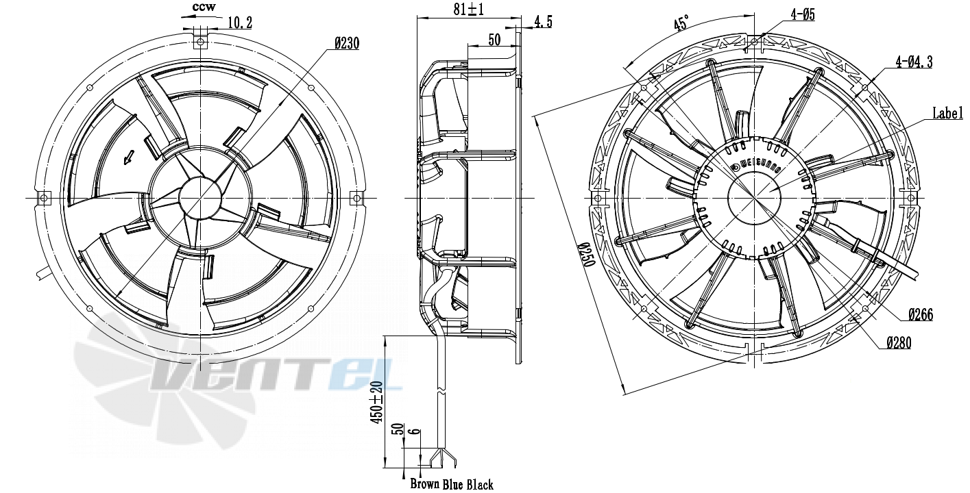 Присоединительные размеры Weiguang EC072-13E3G01-AS230-58P1-01 0.009 кВт