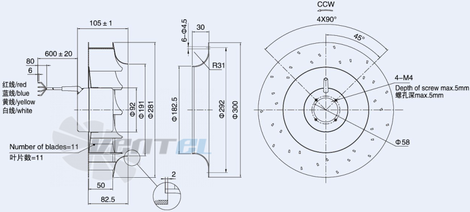 Присоединительные размеры Weiguang DC092-25C3G01-B280-50S1-01