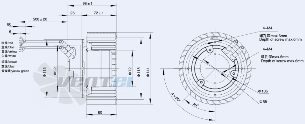 Присоединительные размеры Weiguang EC072-25E3G01-FR140-60P1-01