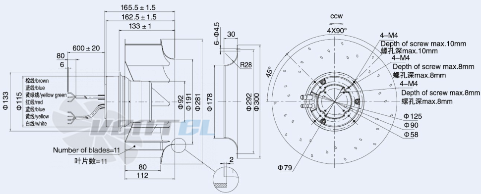 Присоединительные размеры Weiguang EC092-25E3G01-B280-80S1-01