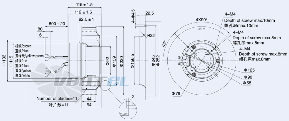 Присоединительные размеры Weiguang EC092-25E3G01-B220-44P1-01