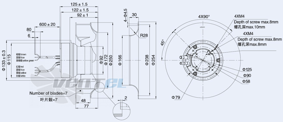 Присоединительные размеры Weiguang EC092-25E3G01-B250-48S1-01